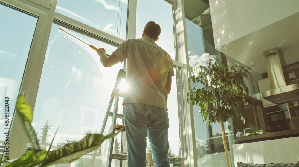 custom made wallpaper toronto digitalA man seen from behind, wearing casual clothes, cleaning a large window with a squeegee