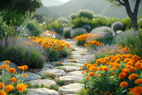 Vibrant Garden Flowers in Bloom. A beautiful garden filled with vibrant purple, pink, and orange flowers, surrounded by rocks and greenery.