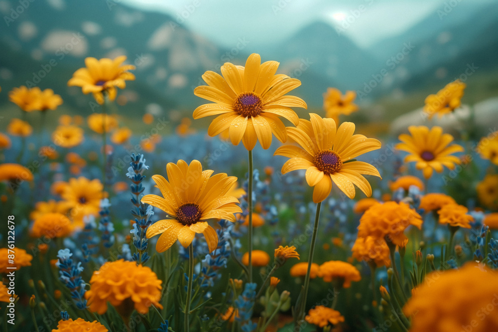 Vibrant Garden Flowers in Bloom. A beautiful garden filled with vibrant purple, pink, and orange flowers, surrounded by rocks and greenery. Vibrant Garden Flowers in Bloom. A beautiful garden filled with vibrant purple, pink, and orange flowers, surrounded by rocks and greenery.