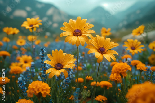 Vibrant Garden Flowers in Bloom. A beautiful garden filled with vibrant purple, pink, and orange flowers, surrounded by rocks and greenery.