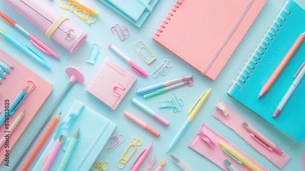 A top view of school supplies neatly organized on a white desk, pastel-colored notebooks, pens, and paper clips, perfectly aligned, soft ambient lighting creating a serene atmosphe A top view of school supplies neatly organized on a white desk, pastel-colored notebooks, pens, and paper clips, perfectly aligned, soft ambient lighting creating a serene atmosphe