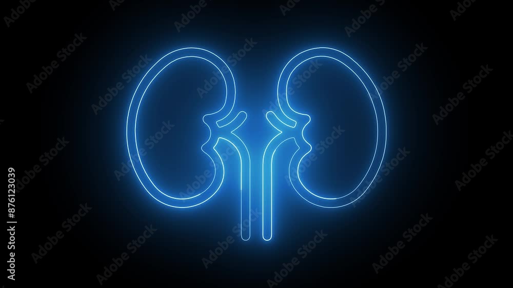 Glowing blue neon line Human kidneys icon isolated on dark background. Neon human kidneys icon in line style. Urinary system part symbol, 4k animated Glowing blue neon line Human kidneys icon isolated on dark background. Neon human kidneys icon in line style. Urinary system part symbol, 4k animated