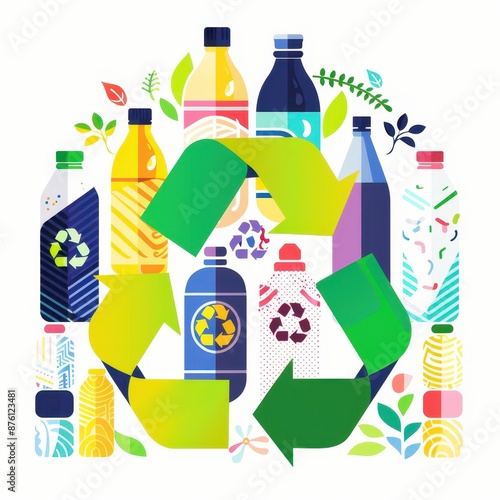 An artistic illustration of multi-use products in a recycling theme, flat composition, white background photo