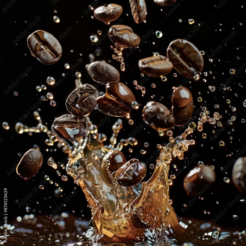 Coffee beans in a dynamic splash, high-speed shooting, splash freezing mid-air, dark background Coffee beans in a dynamic splash, high-speed shooting, splash freezing mid-air, dark background