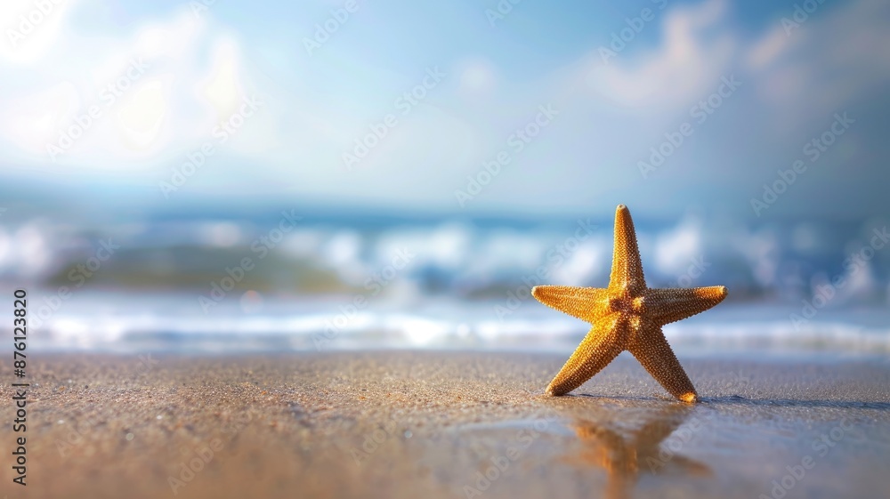 Starfish on sandy beach with waves in background Starfish on sandy beach with waves in background