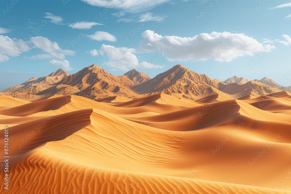 Naklejka premium Stunning desert landscape with rolling dunes and distant mountains under a clear blue sky with scattered clouds.