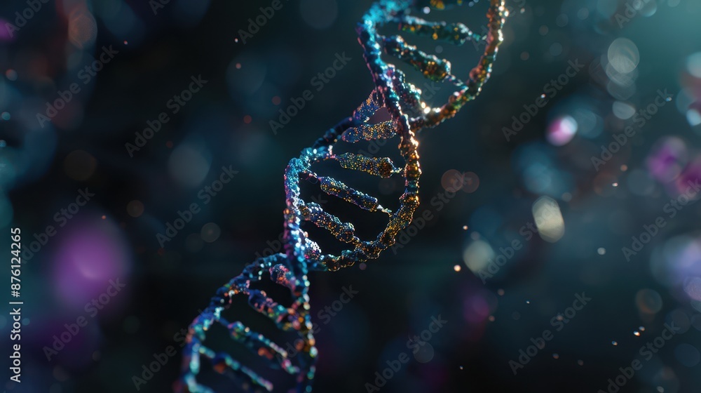 A 3D rendering of a DNA double helix structure, detailed nucleotide pairs, twisting strands, vibrant colors A 3D rendering of a DNA double helix structure, detailed nucleotide pairs, twisting strands, vibrant colors