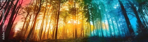 Vibrant forest scene with tall trees and sunlight streaming through, creating a colorful gradient effect in nature.