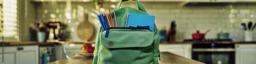Naklejka premium School-ready kitchen scene with green backpack and blue items, family setting,