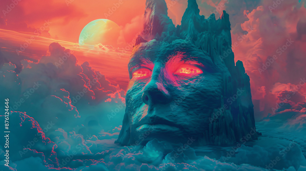 Fototapeta premium Surreal Illustration of a Giant Face Figure on Another Planet