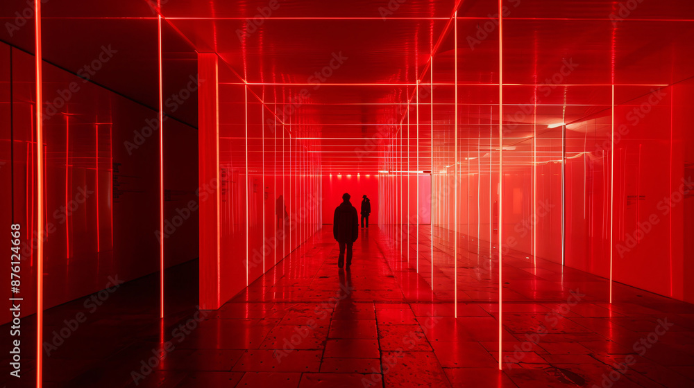 Room Filled with Red Laser Beams and Neon, Silhouette of a Person
Room Filled with Red Laser Beams and Neon, Silhouette of a Person