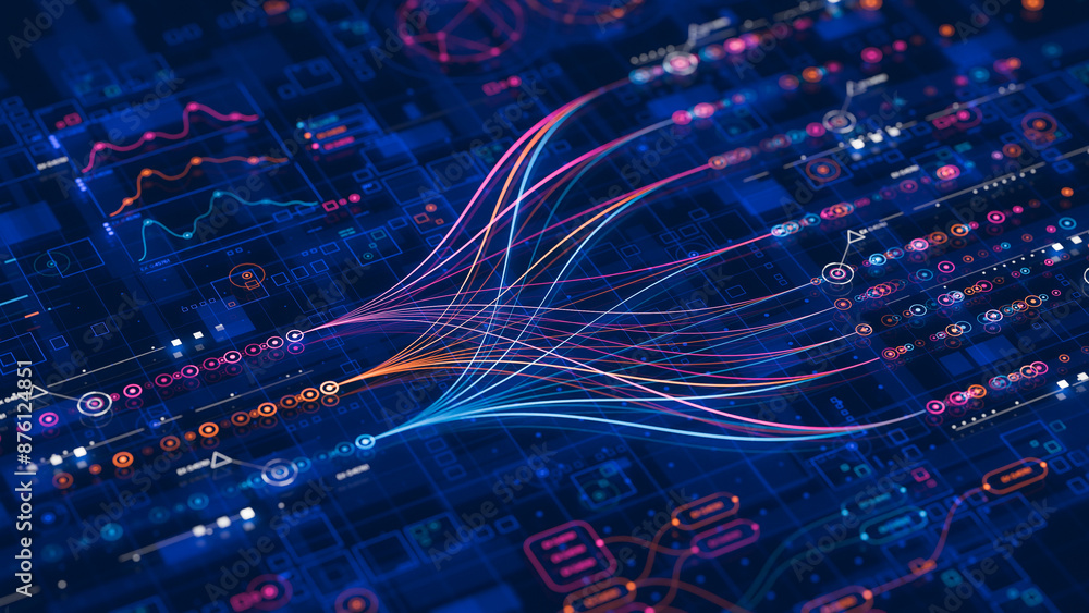 © Chaosamran_Studio - Big data technology Data science analysing artificial intelligence generative AI deep learning machine learning algorithm Neural flow network analytics innovation abstract futuristic. 3d rendering..