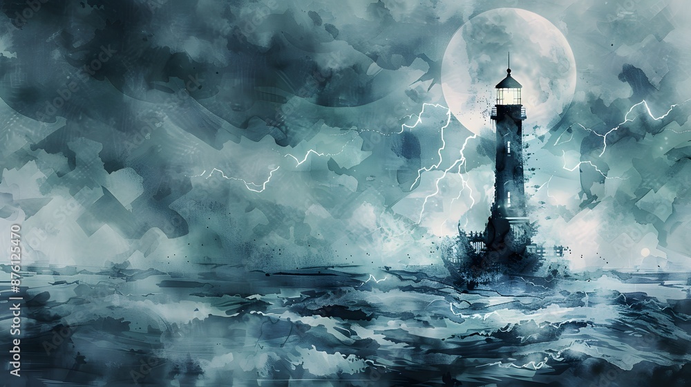 Moody illustration of a lighthouse standing against a stormy night sky ...