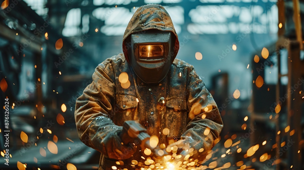 Welder in factory, working with sparks flying, welding metal. Man in mask, using heavy machinery, equipment for engineering tasks. Hot work environment, precision in steel cutting Welder in factory, working with sparks flying, welding metal. Man in mask, using heavy machinery, equipment for engineering tasks. Hot work environment, precision in steel cutting