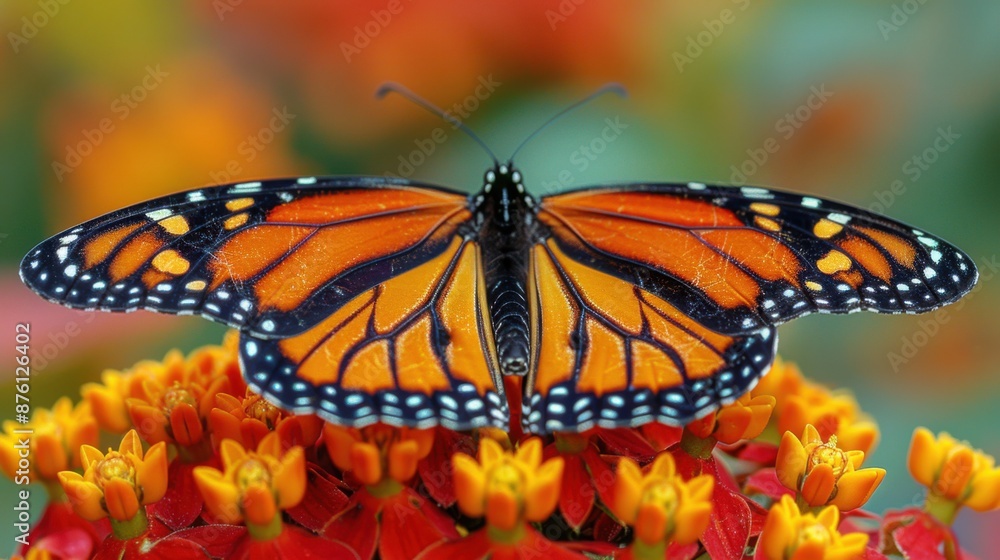 Fototapeta premium Vibrant monarch butterfly perched on colorful flowers with open wings, showcasing its intricate patterns and vivid colors in natural setting.