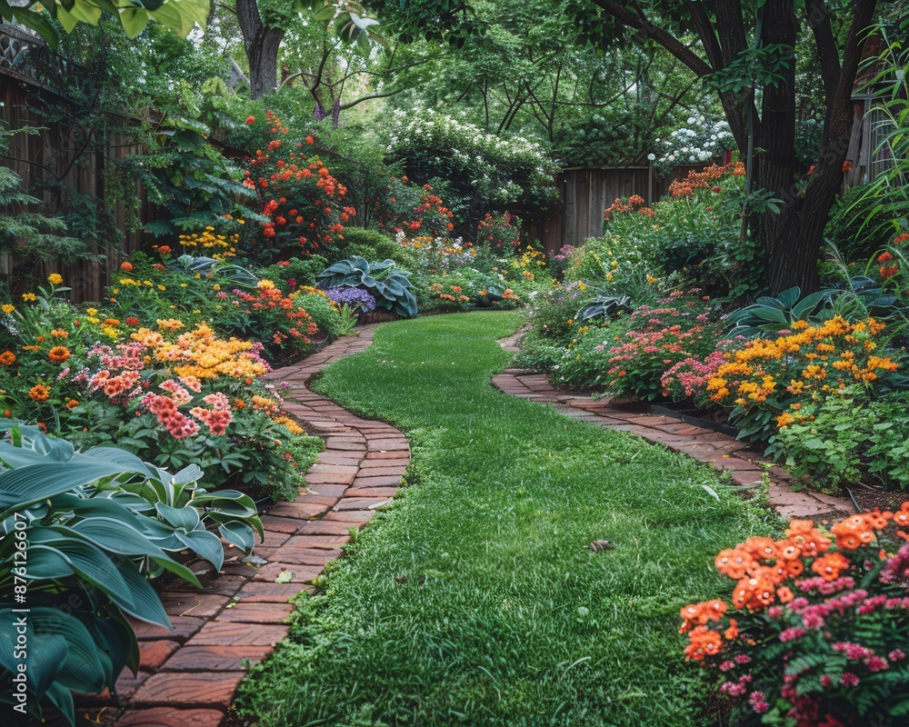 Naklejka premium Serene Oasis in Bloom - Stunning Full-Frame Shot of Lush Backyard Garden with Colorful Flowering Shrubs and Trees