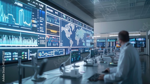 Detailed view of automation statistics on a large screen in a control room, with operators diligently working at their stations.. Automation statistics