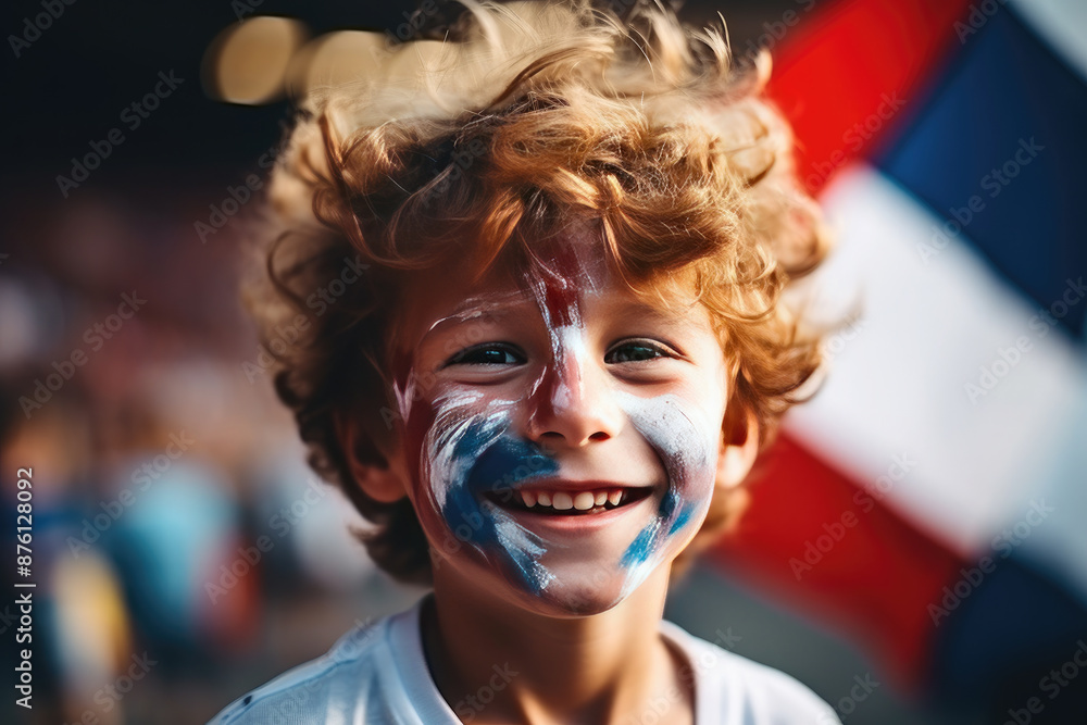 French boy fan at the stadium rejoices at the victory of the football team. Flag Day, Independence Day, Olympic Games. French boy fan at the stadium rejoices at the victory of the football team. Flag Day, Independence Day, Olympic Games.