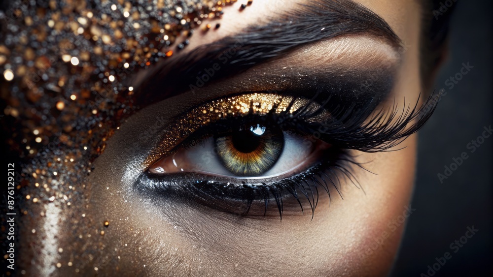 Dramatic closeup of a solitary eye adorned with dark glittery cosmetics, shimmering against a mysterious and velvety black background. Dramatic closeup of a solitary eye adorned with dark glittery cosmetics, shimmering against a mysterious and velvety black background.