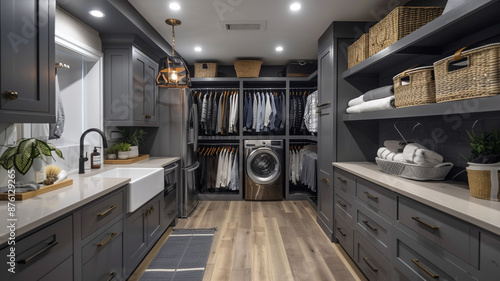 Walk in closet and laundry room with staging and stainless appliances deep sink grey cabinets