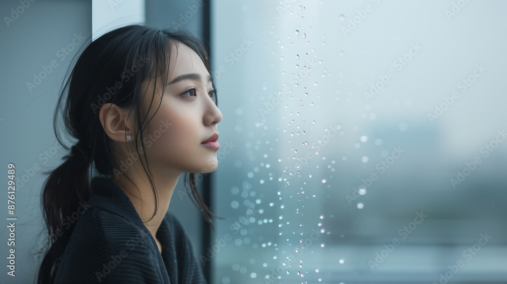 Fototapeta premium A contemplative Chinese woman looking out a window on a rainy day, with raindrops on the glass, capturing a moment of introspection.