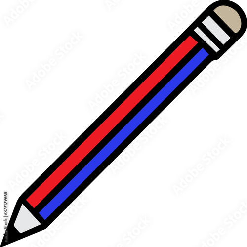 Illustration of a pencil with a red and blue striped design, commonly used for writing, drawing, and sketching purposes.