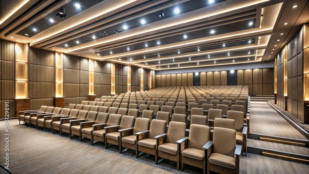 Fototapeta premium Large, dimly lit, modern conference hall with numerous rows of vacant, sleek, black chairs awaiting attendees for a meeting or presentation.