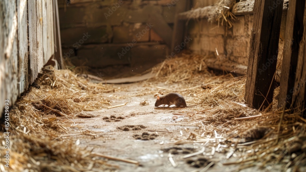 Fototapeta premium Small brown mouse sits alone in old barn with hay on ground Sunlight streams through wooden planks