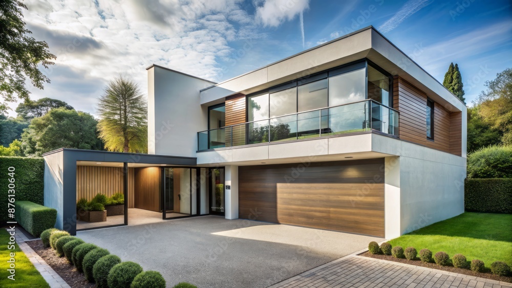 Contemporary residence with sleek cubic extension and adjacent garage, surrounded by lush greenery and vibrant autumn foliage backdrop. Contemporary residence with sleek cubic extension and adjacent garage, surrounded by lush greenery and vibrant autumn foliage backdrop.