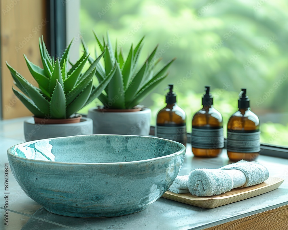 Refreshing Modern Bathroom with Aloe Vera Plant on Windowsill - Air-Purifying and Medicinal Properties Highlighted Refreshing Modern Bathroom with Aloe Vera Plant on Windowsill - Air-Purifying and Medicinal Properties Highlighted