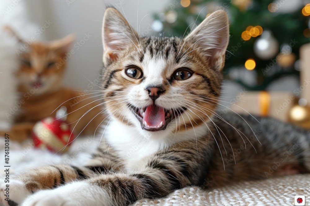 Adorable tabby kitten smiling and posing in front of a festive Christmas tree with lights and decorations, exuding holiday cheer and warmth. Adorable tabby kitten smiling and posing in front of a festive Christmas tree with lights and decorations, exuding holiday cheer and warmth.