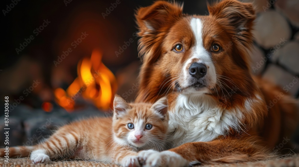 Adorable dog and kitten cuddling together by the warm fireplace, showcasing friendship and warmth in a cozy setting. Adorable dog and kitten cuddling together by the warm fireplace, showcasing friendship and warmth in a cozy setting.
