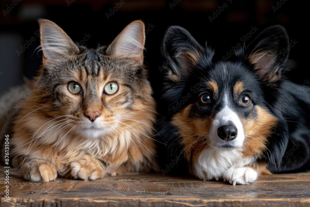 Close-up portrait of a cat and a dog lying together on a wooden surface, showcasing their adorable companionship and unique expressions. Close-up portrait of a cat and a dog lying together on a wooden surface, showcasing their adorable companionship and unique expressions.
