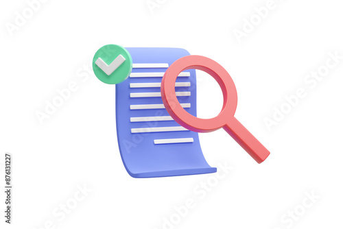 A detailed 3D render illustrating the process of data verification and information retrieval with floating elements of documents, data icons, a checkmark, a search icon, and a magnifying glass