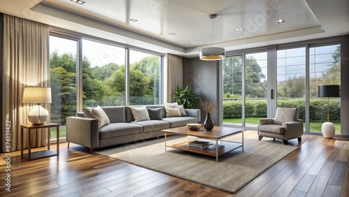 Elegant minimalist space featuring bare gray walls, rich hardwood floors, and abundance of natural light streaming through large windows. © Wanlop