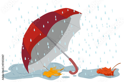 Umbrella, puddle, autumn leaves. Autumn is approaching. Design for greeting card, sale or promotional poster. Vector illustration