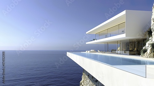 Modernist house perched on cliff with pool at base, rendered in cinema 4D style. Hyperrealistic rendering with sharp, angular design.