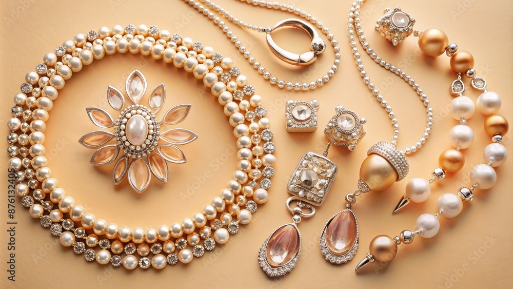 Elegant, rose-gold accessories and stylish jewelry meticulously arranged on a soft, pale orange background, exuding sophistication and refinement. Elegant, rose-gold accessories and stylish jewelry meticulously arranged on a soft, pale orange background, exuding sophistication and refinement.