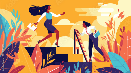 An african woman runs up the career ladder while anot