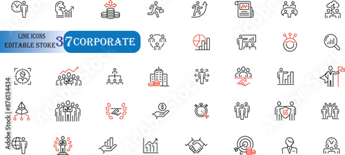 Set of 37 outline icons related to corporate. 
