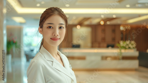 Beautiful Asian hotel receptionist in uniforms at desk in lobby Friendly and welcome staff in hotel reception counter photo