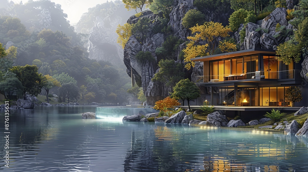 Obraz premium Modernist house perched on cliff with pool at base, rendered in cinema 4D style. Hyperrealistic rendering with sharp, angular design.