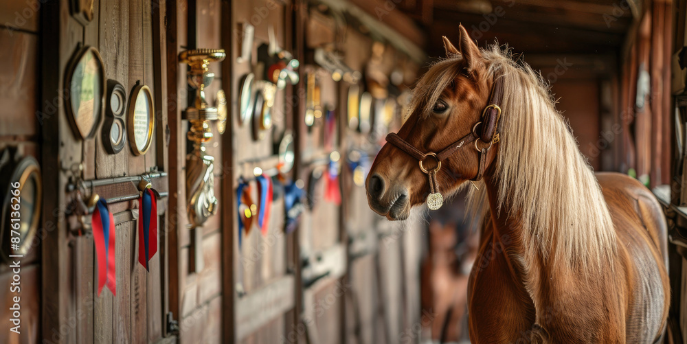 Fototapeta premium Horse in stable with ribbons and trophies
