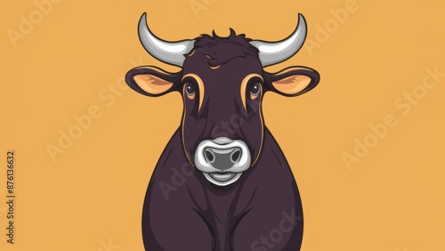 A black bull with horns on a yellow background, AI © starush