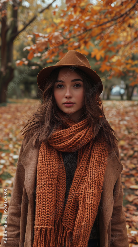 A woman clad in winter fashion, with a knitted hat and scarf A woman clad in winter fashion, with a knitted hat and scarf