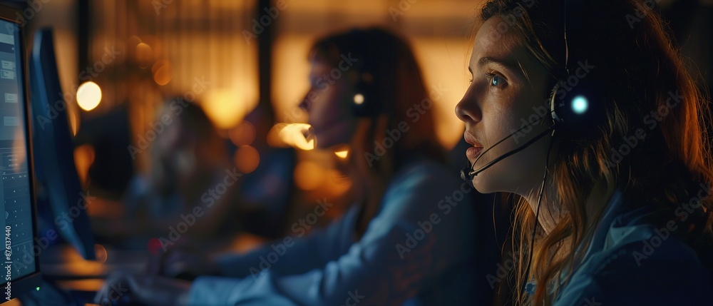 Focused Gamer Girl in a Lit Room with Headphones Focused Gamer Girl in a Lit Room with Headphones