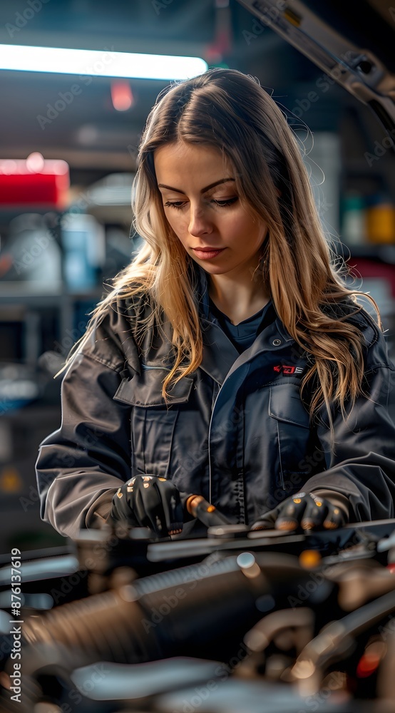 Portrait of a happy mechanic woman working on a car in an auto repair shop, Mechanic working at the repair garage. Female mechanic working on car Portrait of a happy mechanic woman working on a car in an auto repair shop, Mechanic working at the repair garage. Female mechanic working on car