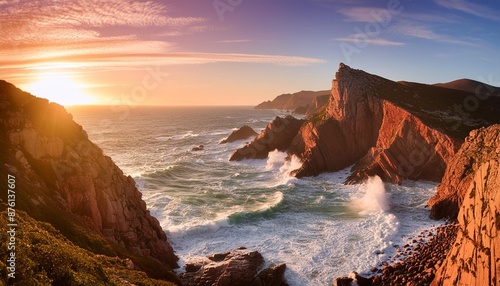 wild and rugged coastal landscape with crashing waves during sunset