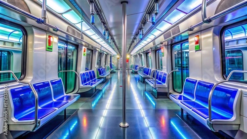 Empty subway car interior with bright lighting, rows of seats, and advertisements on walls, reflection on shiny floor visible.