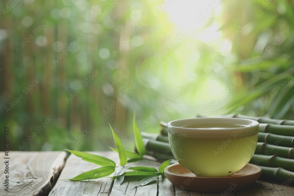 A cup of bamboo leaf tea on a wooden table on a nature background, a big copy space A cup of bamboo leaf tea on a wooden table on a nature background, a big copy space